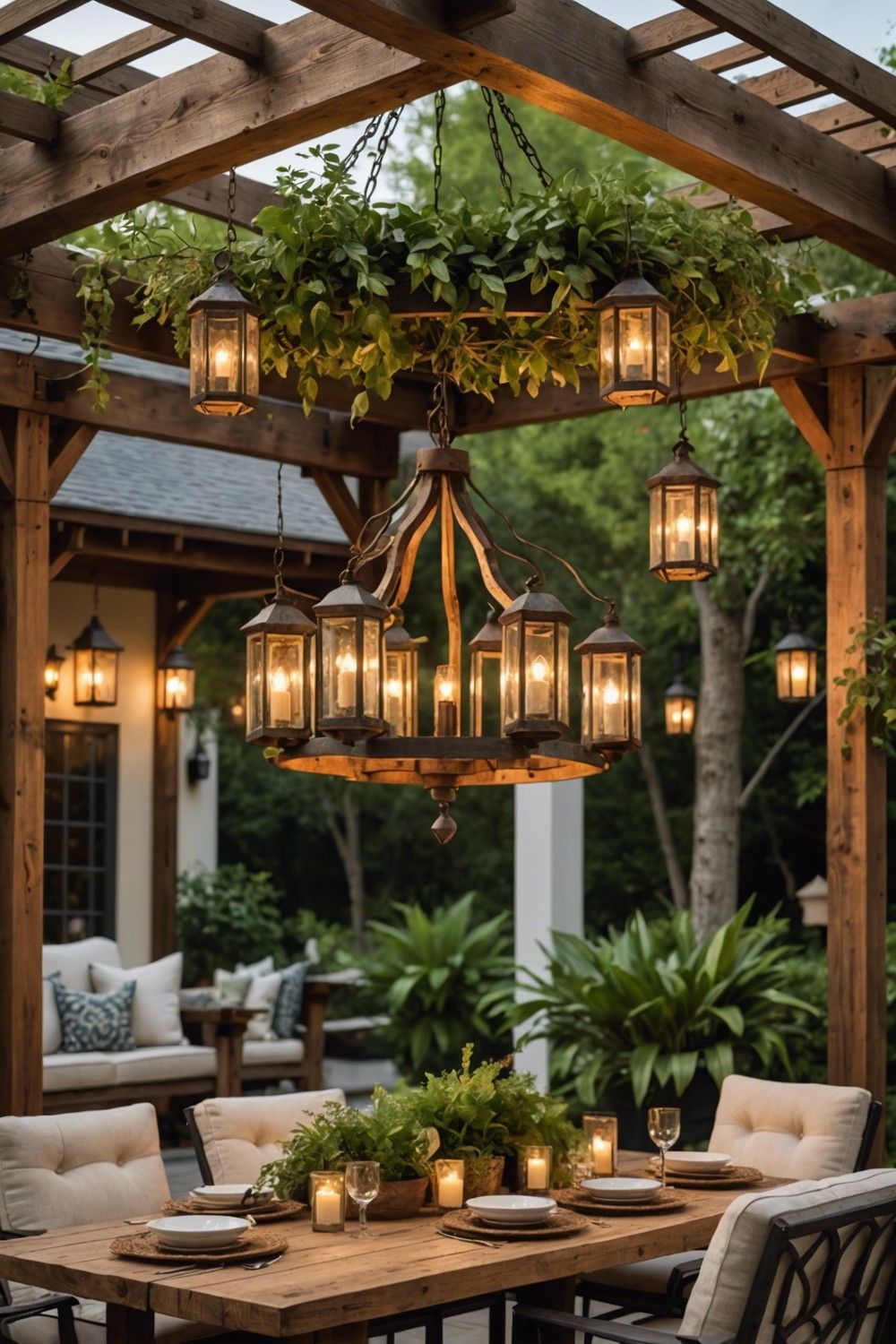 Wooden Chandelier With Lantern Lights