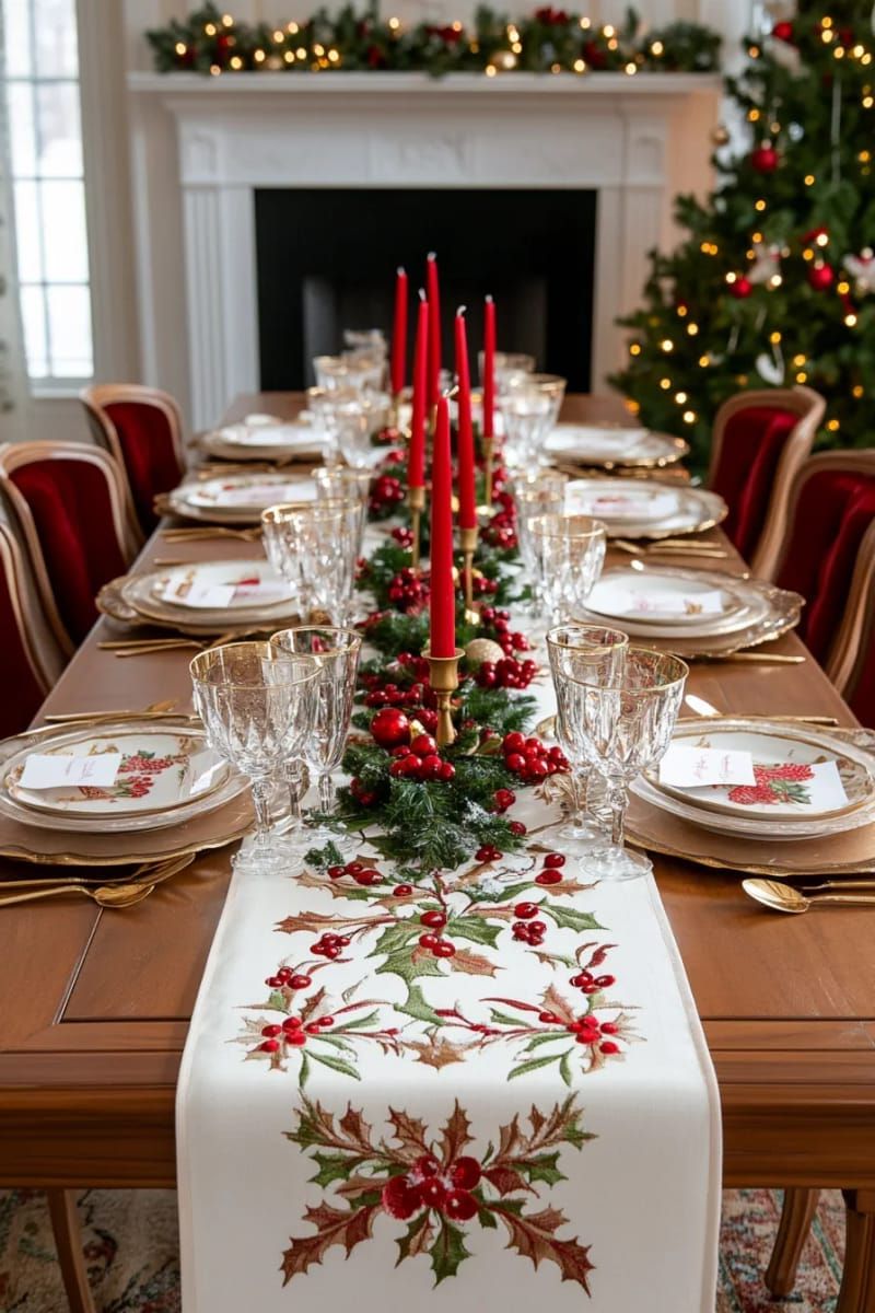 27. Red Taper Candles on an Embroidered Winter Tablecloth