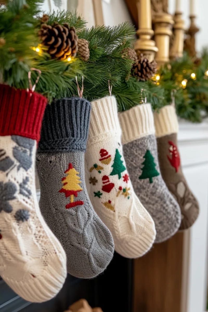 11. Vintage sweater mittens and stockings adorned with cheerful felt decorations