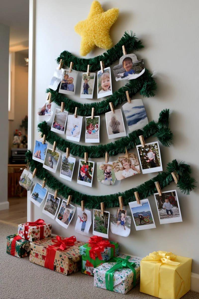 17. Wall garland tree with clothespin photo ornaments