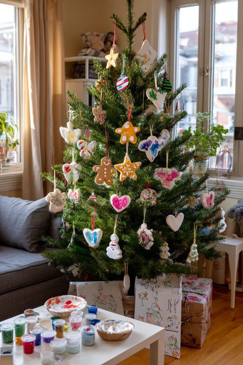 16. Green tree decorated with kid-colored salt dough shapes