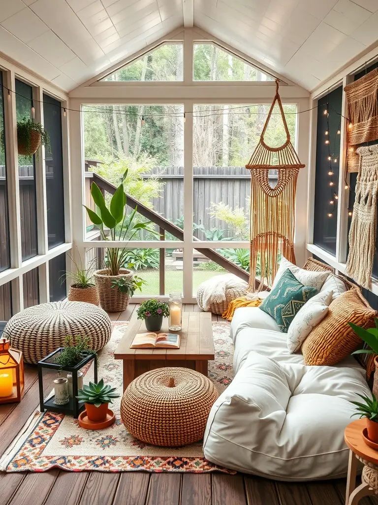 35. Tiny Boho Screened Porch With Floor Cushions