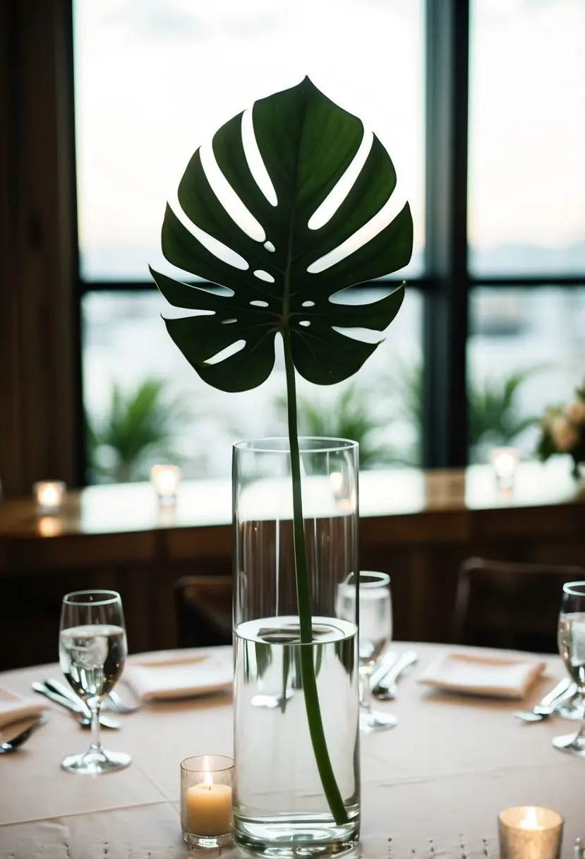 14) Single Monstera Leaf in a Tall Vase