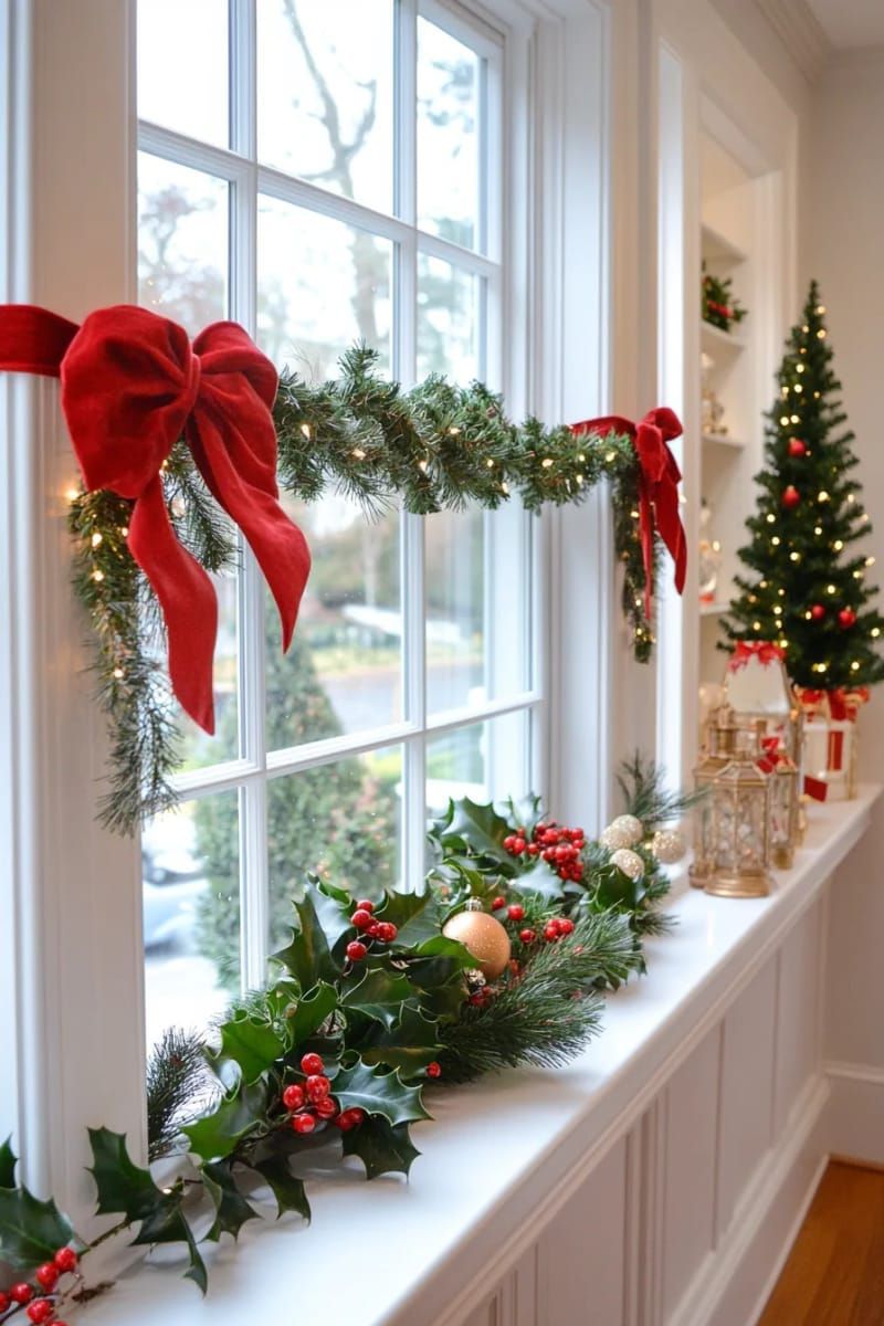 20. Window swags of holly and ivy with velvet ribbon - photo 2