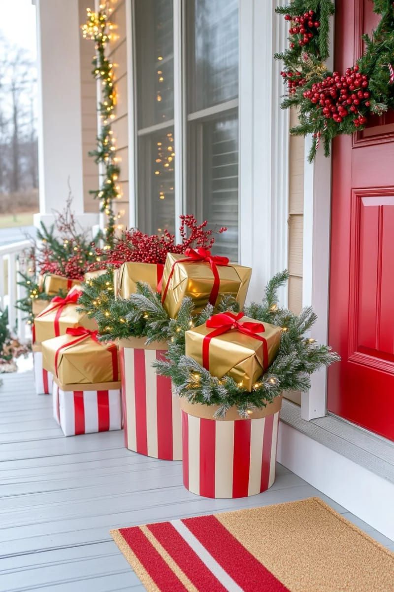 4. Candy Cane Planters With Gold Gifts And Red Berries - photo 3