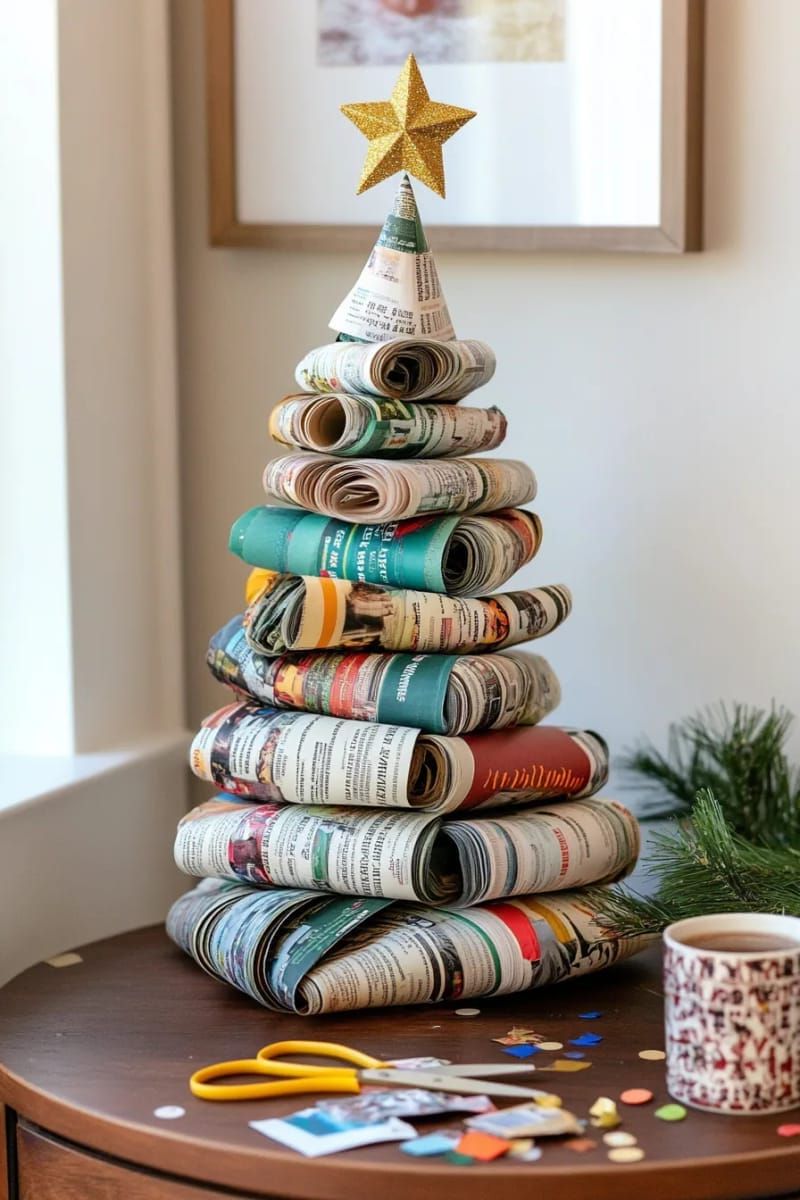 17. Magazine page tree sculpture featuring a gold star decoration on top