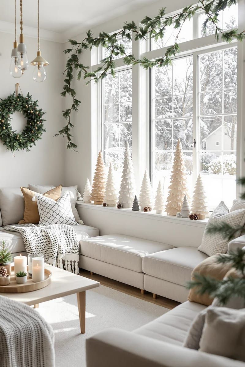6. Neutral-Toned Mini Christmas Trees On A Windowsill