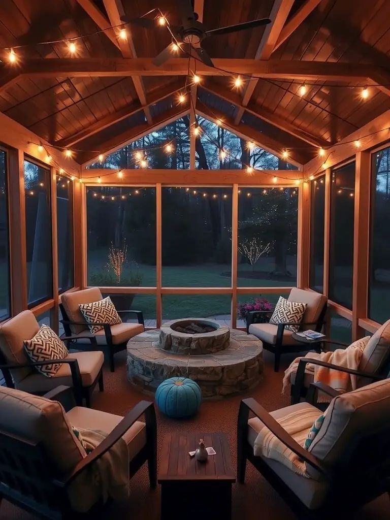 25. Fire Pit Lounge on a Screened Porch Retreat