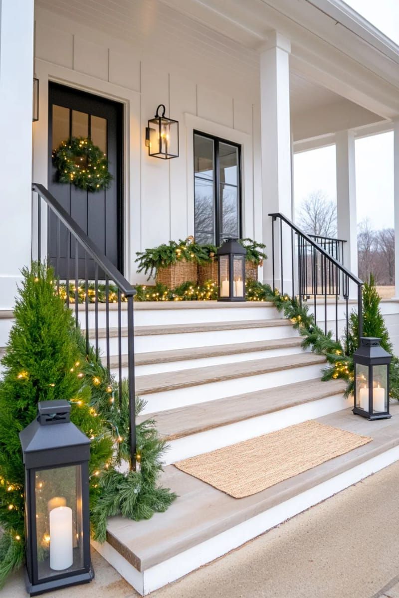 4. Cedar Garland and Fairy Lights on the Railing