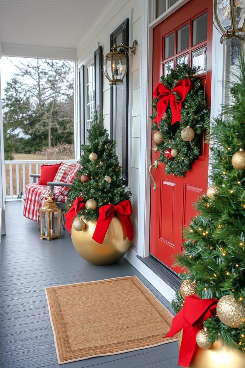 5. Gold Pot Topiary Trees With Red Ribbon Trails - photo 2