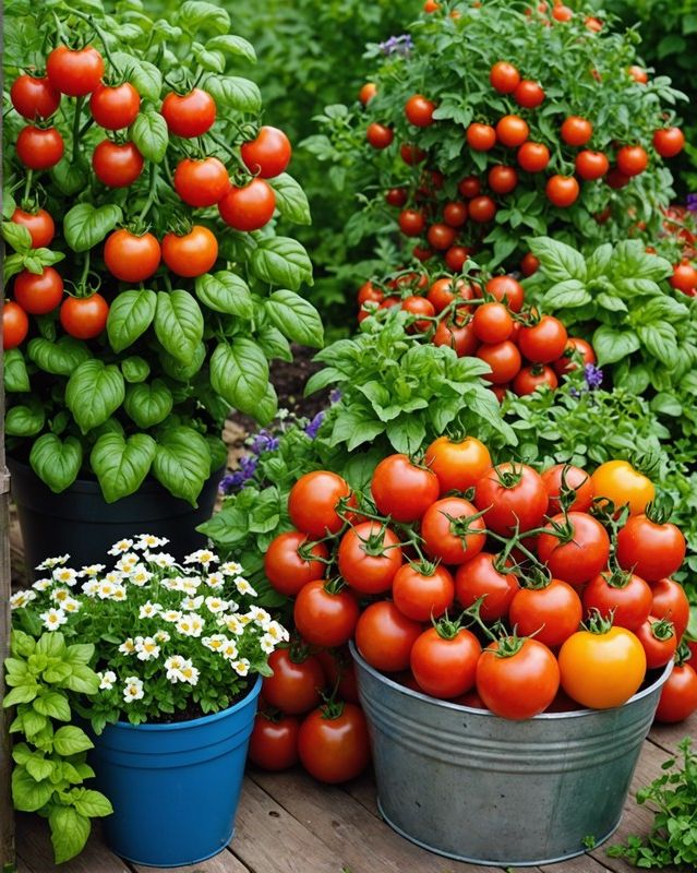 Edible Garden with Tomatoes, Herbs, and Flowers