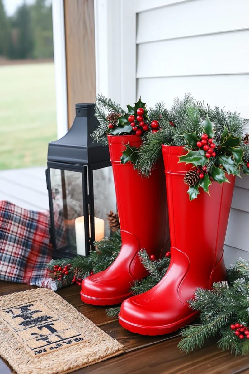 10. Red Boots Decorated with Fir and Holly Berries
