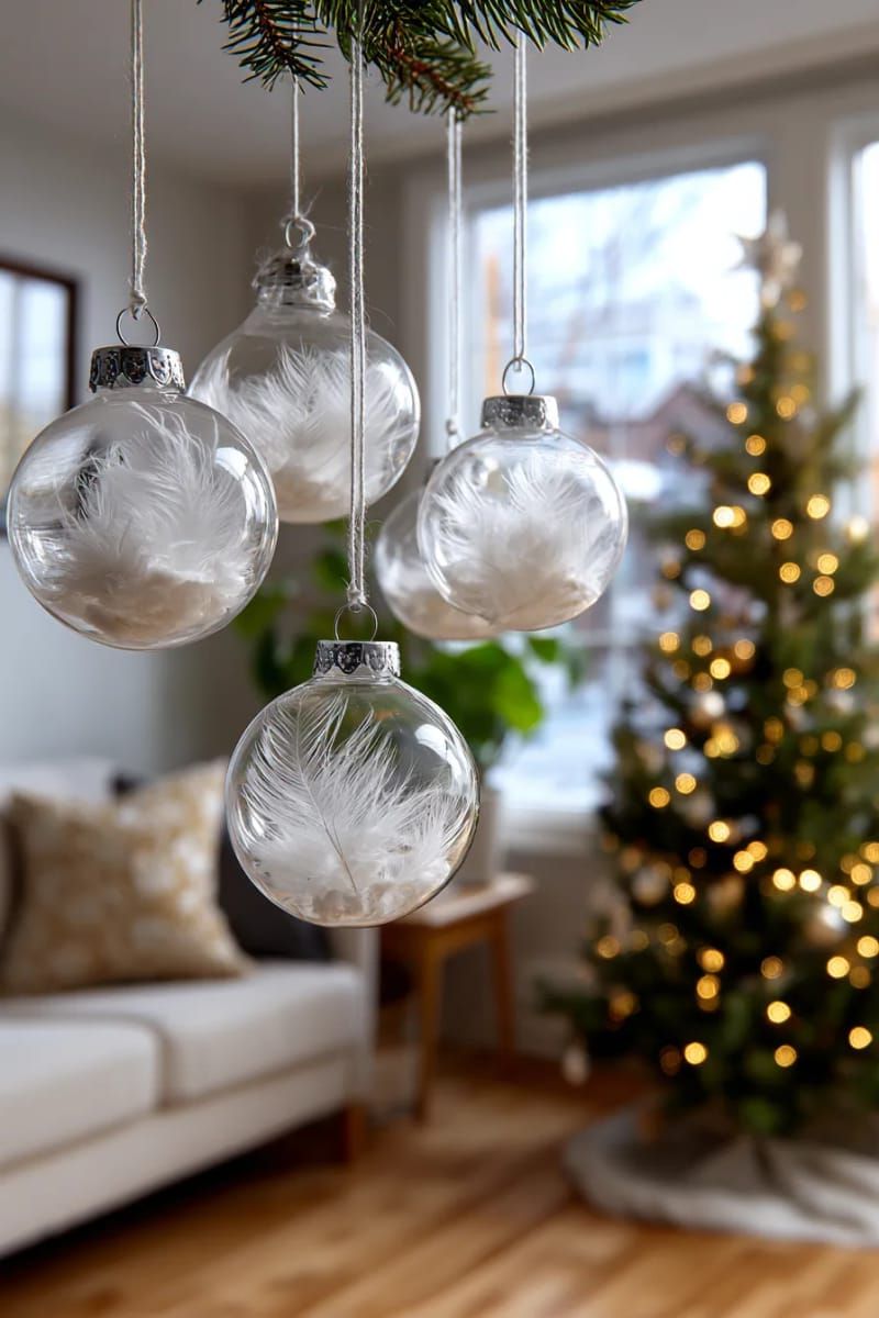 23. Glass Ornaments Filled With White Feathers