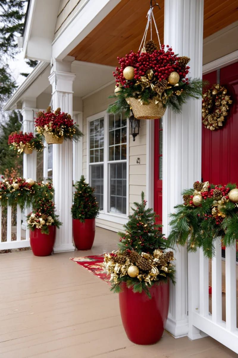 8. Hanging Baskets With Gold Pinecones And Red Berries - photo 2