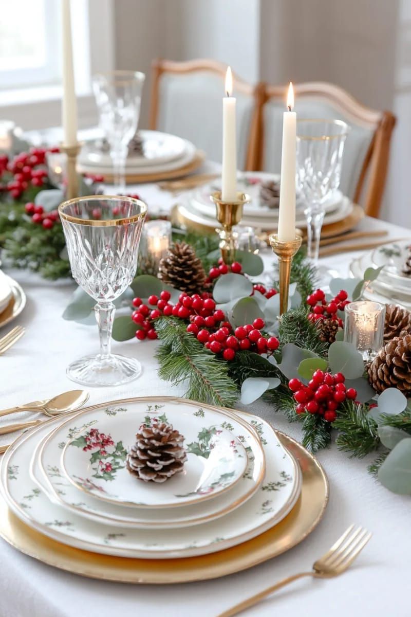13. Dining table styled with red berries and eucalyptus