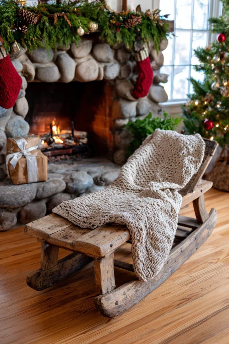 8. Wooden Sled and Knitted Throw by the Fireplace - photo 2