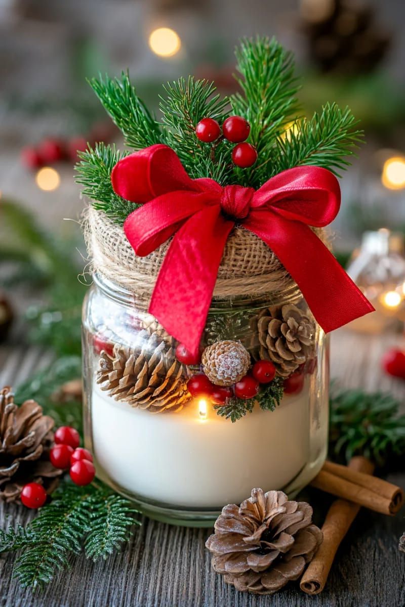 1. Pinecone and Jar Candle Centerpiece with Ribbon - photo 2