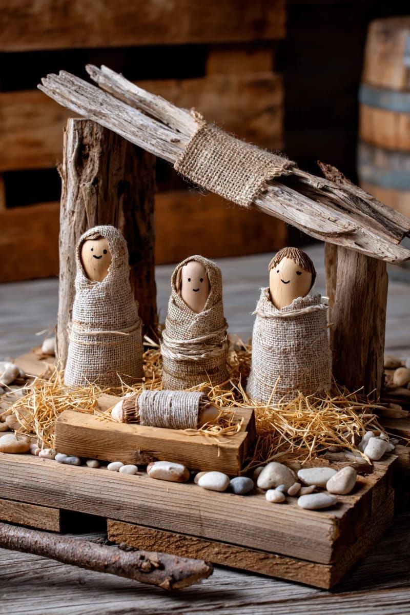21. Small pallet nativity display featuring driftwood and burlap accents - photo 2