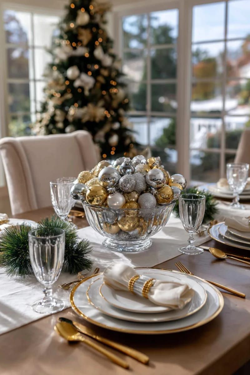 12. Metallic accents in glass bowls for elegant decor