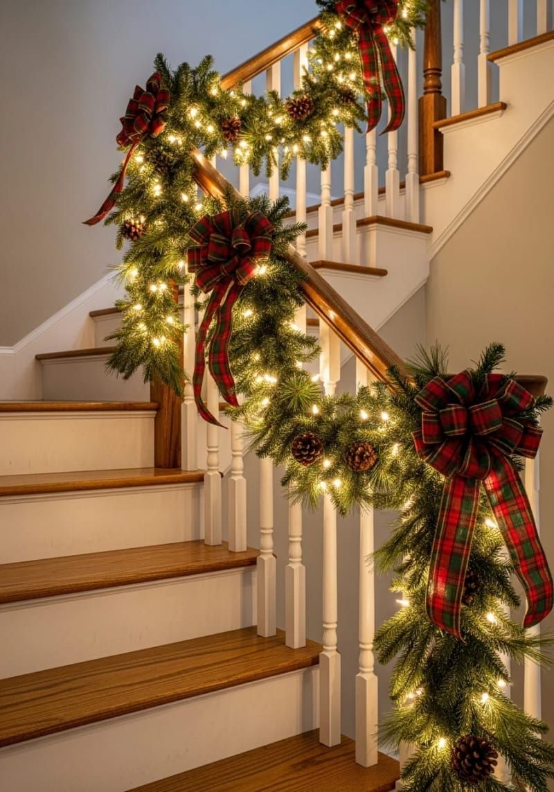 23. Staircase railing wrapped in garland and checked bows