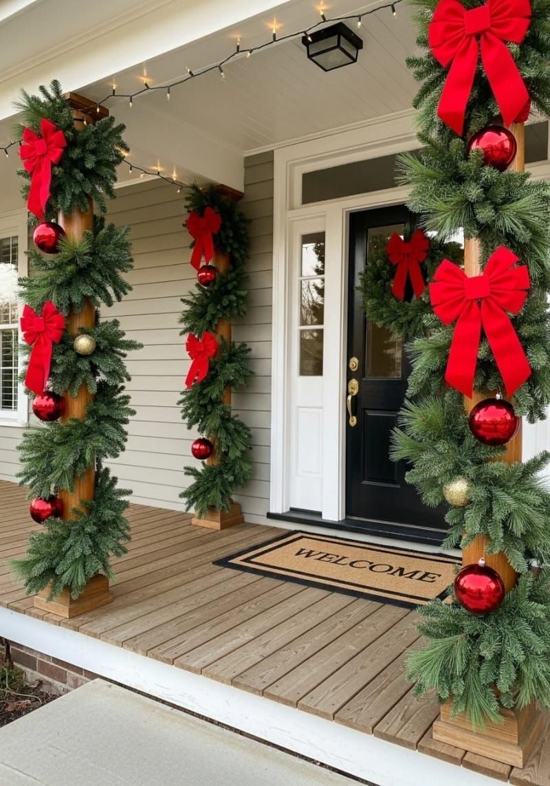 13. Red Bow Pine Garland for Columns