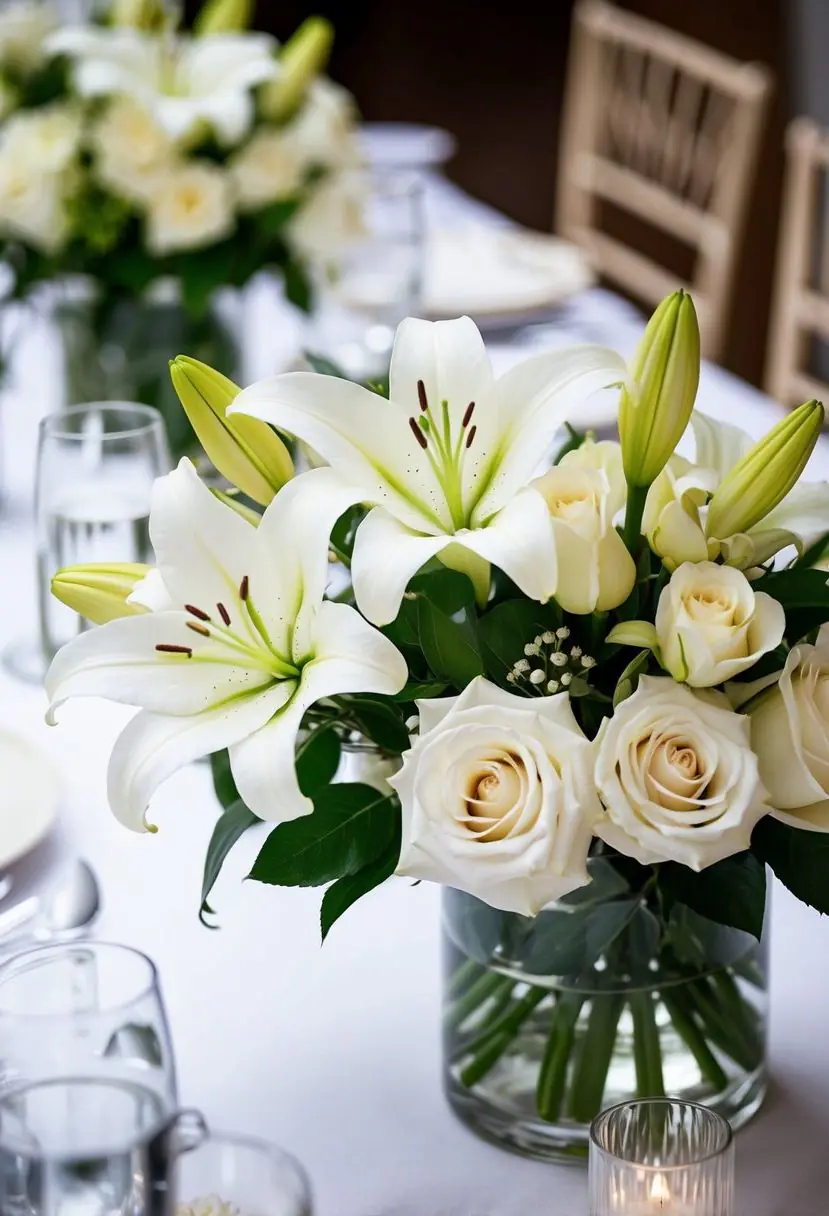 13) Classic White Lily and Rose Pairings