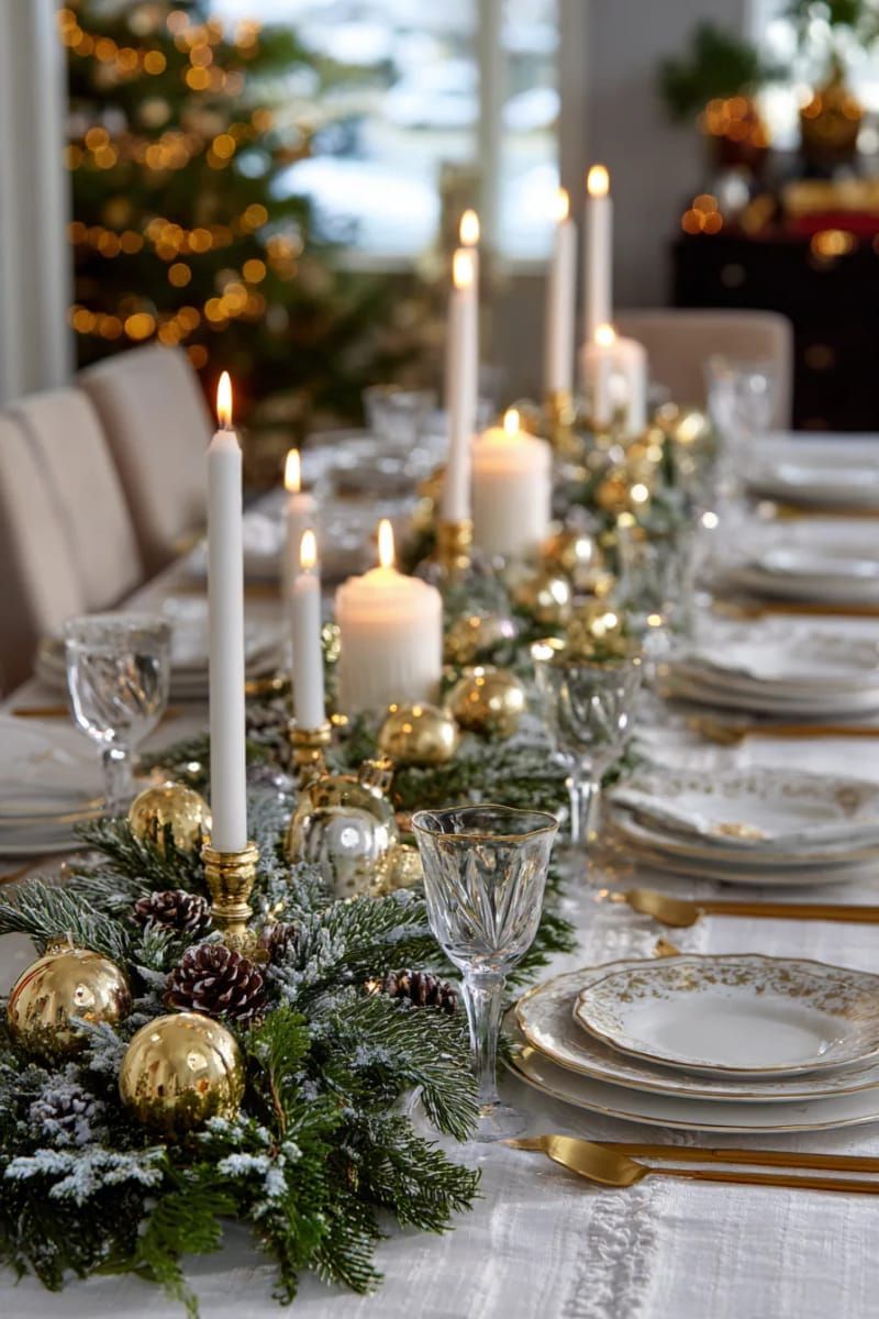 8. Frosted Pine Garland With Candles and Ornaments