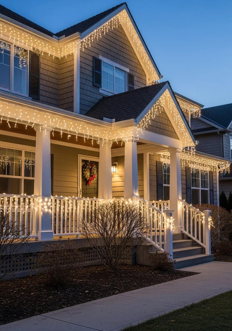 17. Icicle Lights Along Rooflines and Porch Overhangs