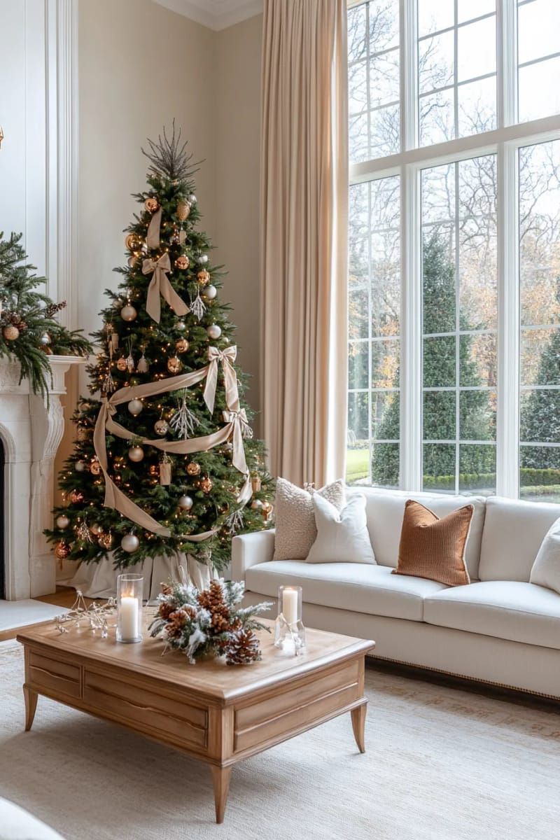 2. Beige Velvet Bows on a Frosted Tree