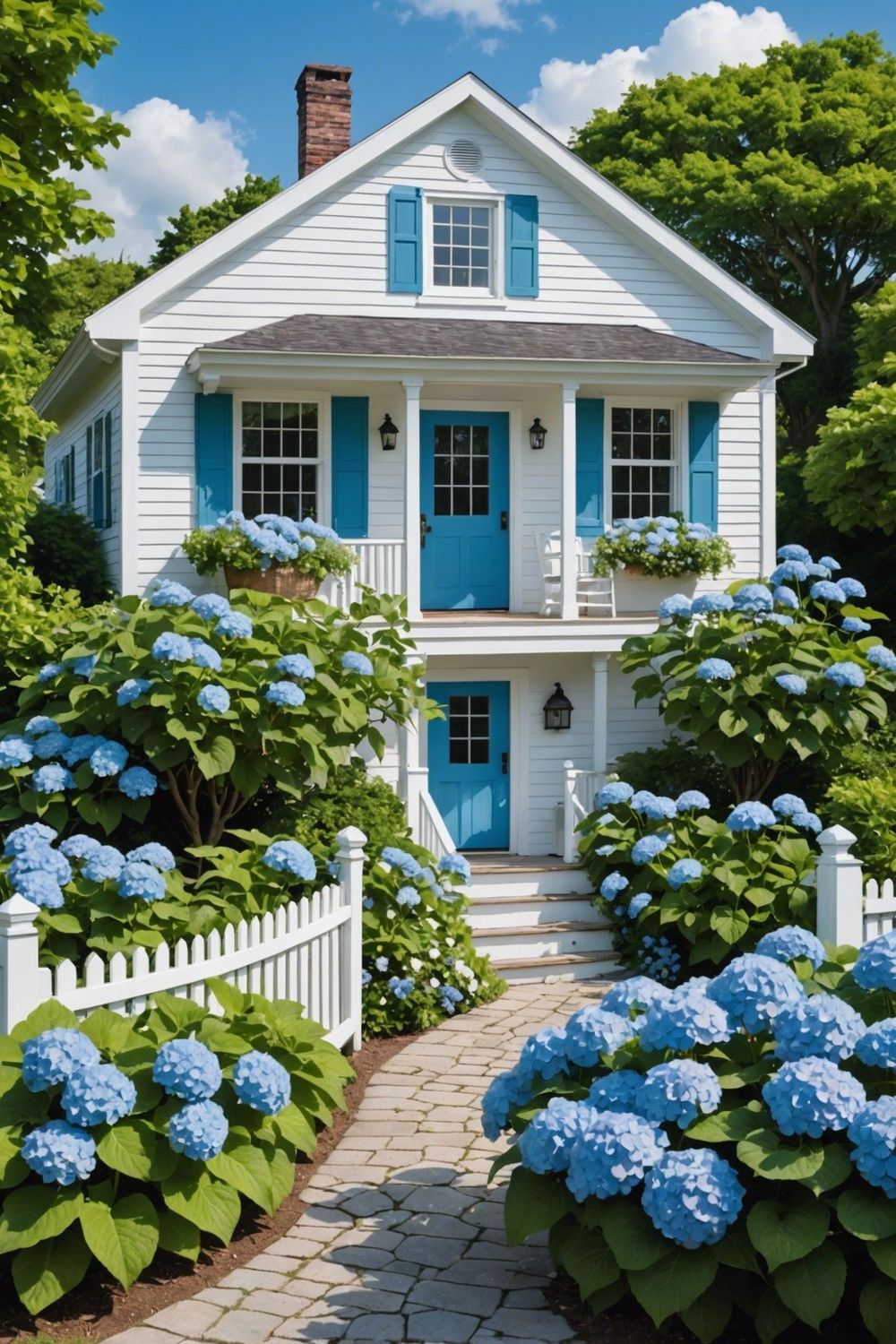 Coastal Cottage Look with Blue Hydrangeas and Variegated Hostas