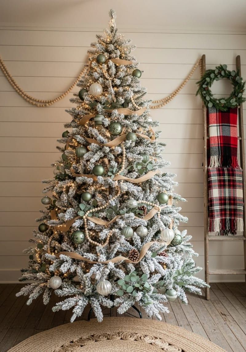 23. Flocked Tree With Green Cream Decor - photo 3