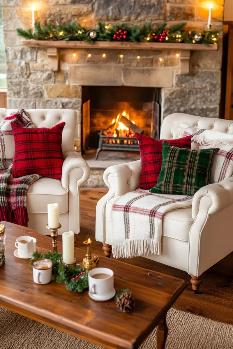 5. Tartan plaid cushions and throws for armchairs