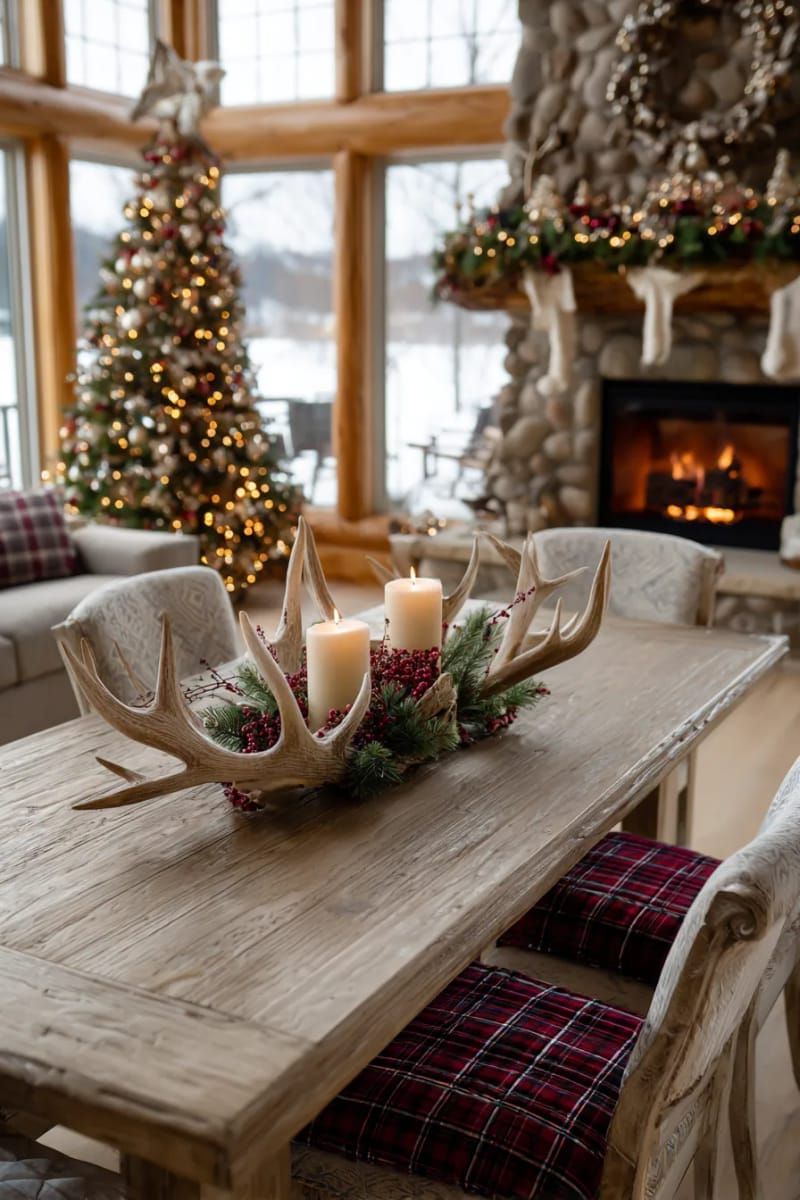 14. Antler-Style Candle Centerpiece with Pine Sprigs