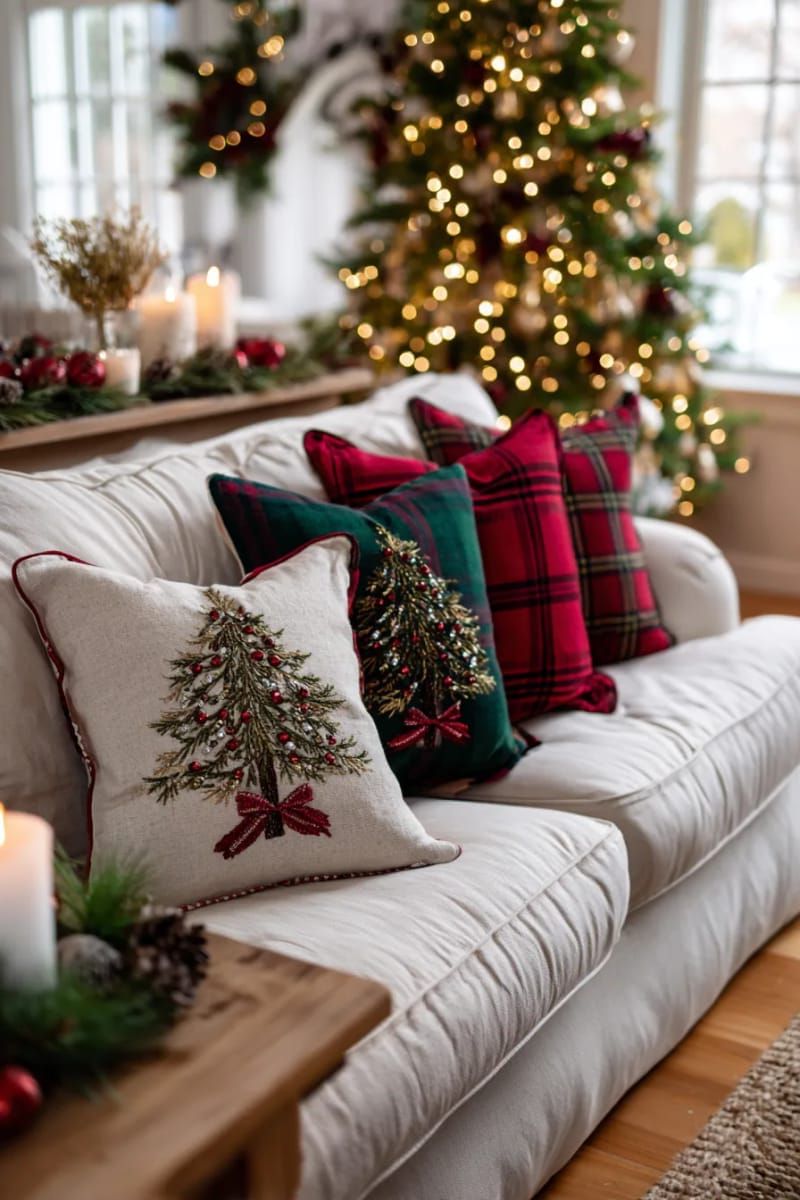 3. Hand-Stitched Christmas Trees on Plaid Pillows - photo 5