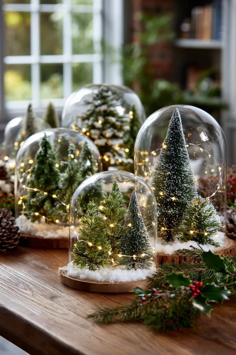 7. Tabletop trees in glass cloches with fairy lights
