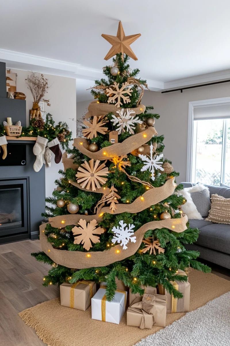 17. Burlap ribbon and wooden snowflakes for farmhouse style - photo 2