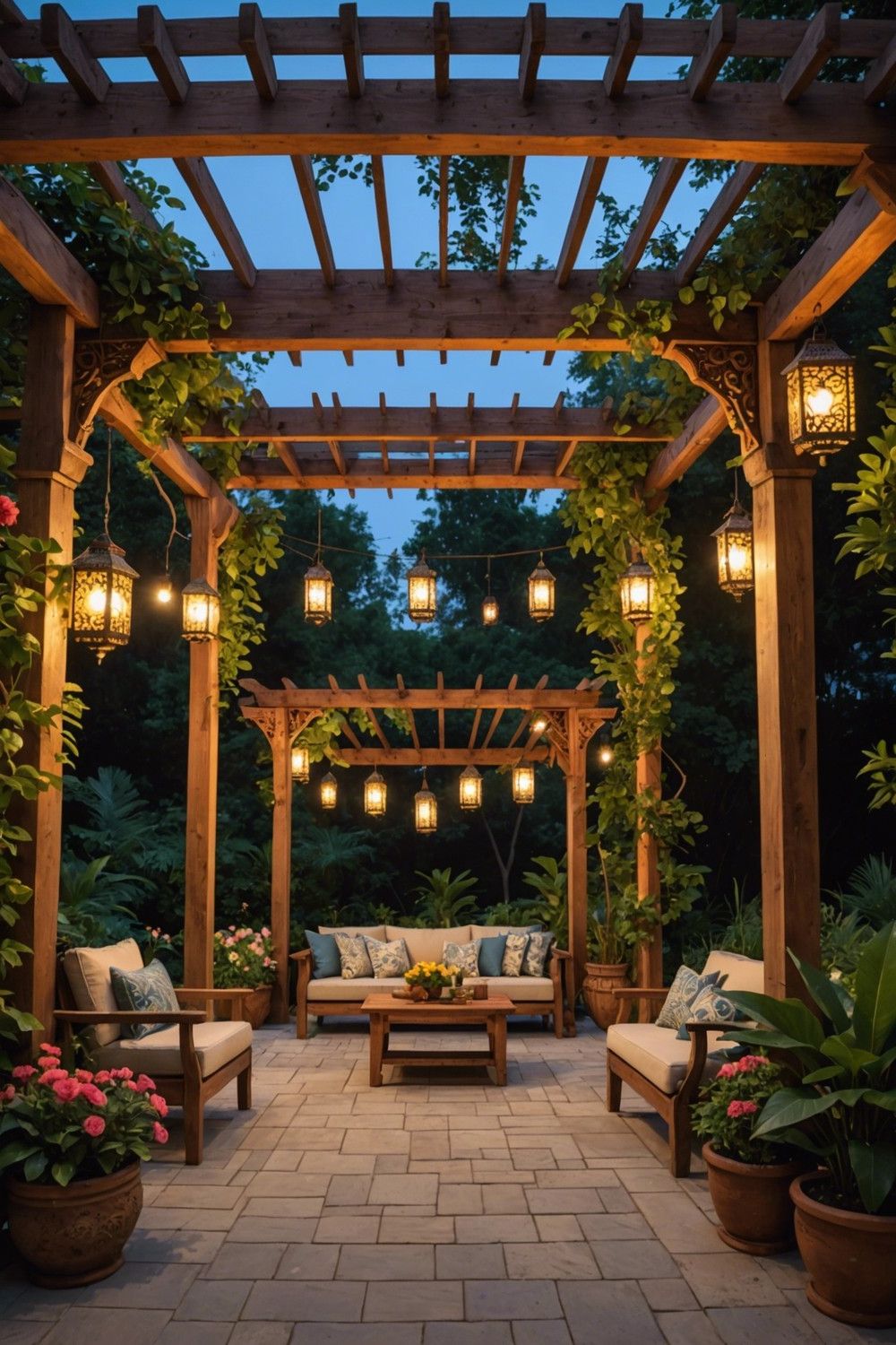 5) Carved Wooden Pergola with Hanging Lanterns