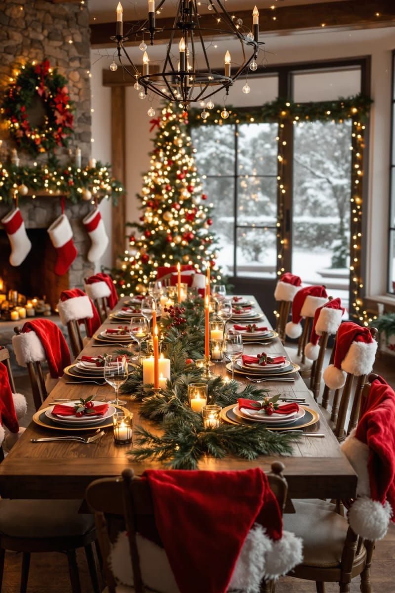 18. Santa Hats as Playful Chair Back Decor