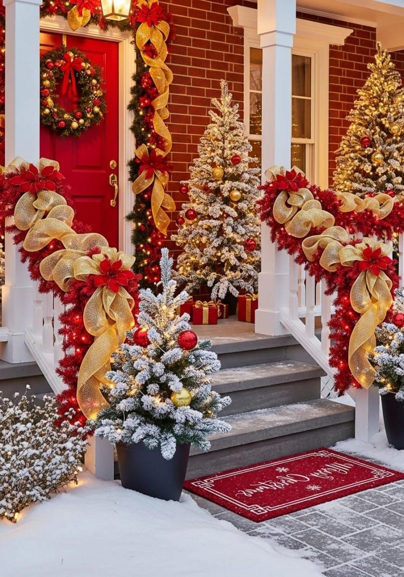 11. Gold Mesh Ribbon And Red Garland On Banisters