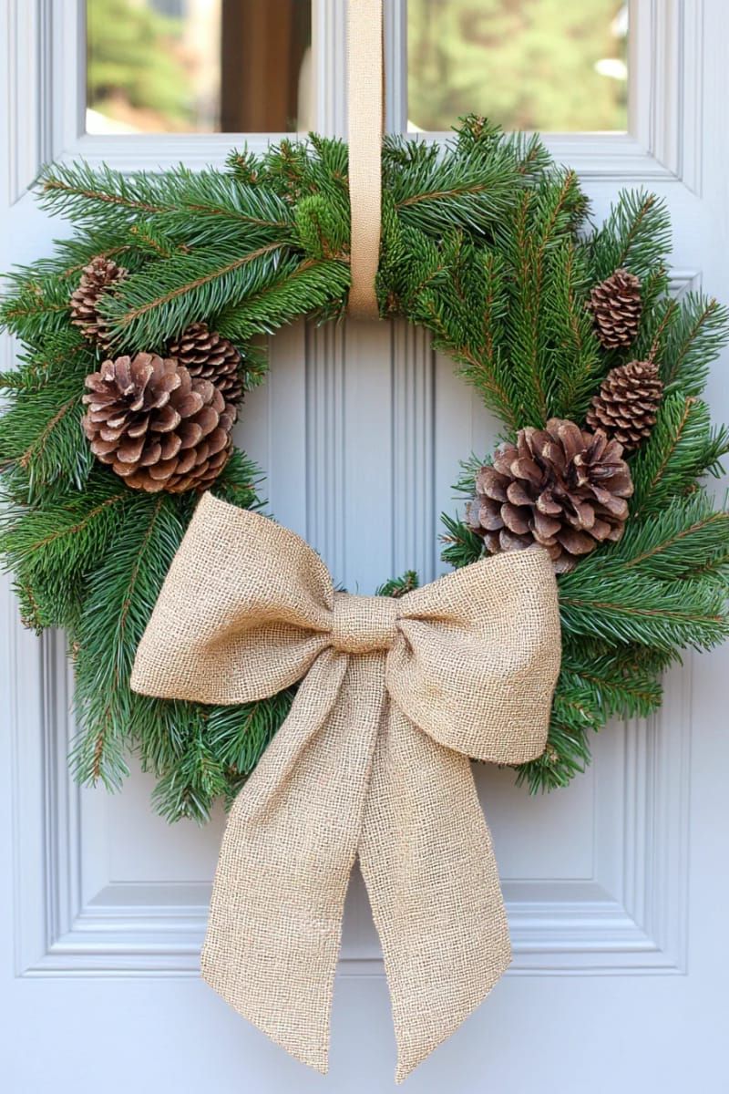 4. Evergreen Wreath with Pinecones and Burlap Bow - photo 3