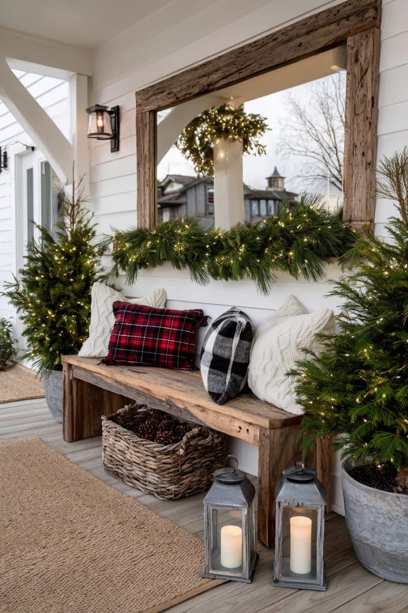 15. Garland-Wrapped Mirror and Chandelier Porch Display - photo 4