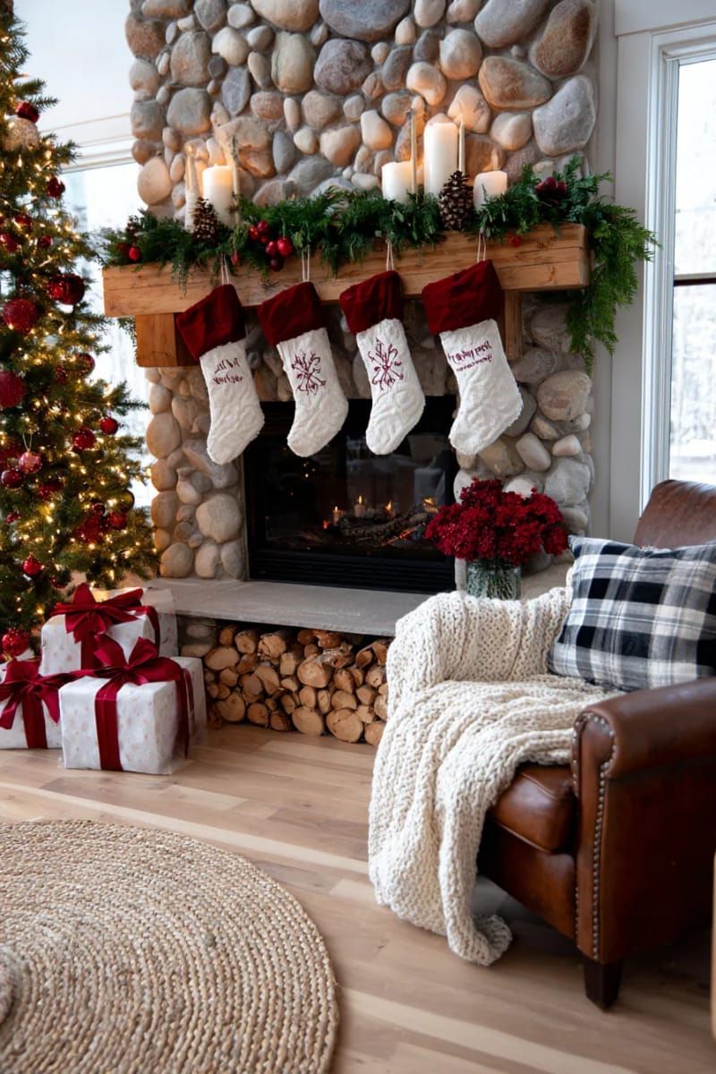7. Fireplace stockings stitched with family names