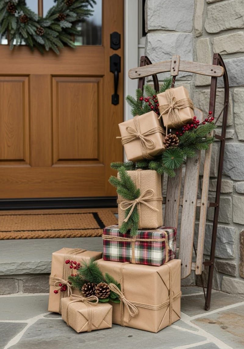 18. Entryway sled decorated with faux wrapped gifts