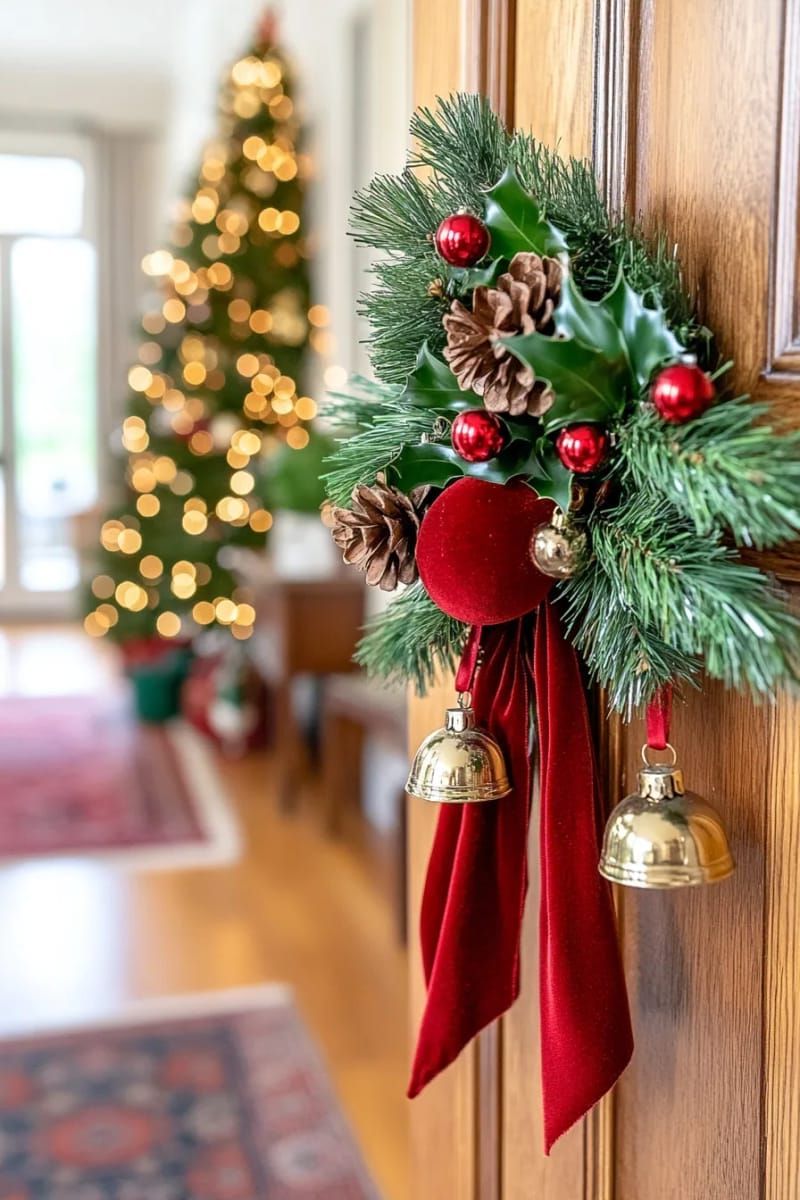 25. Velvet Ribbon Doorknob Hangers with Jingle Bells
