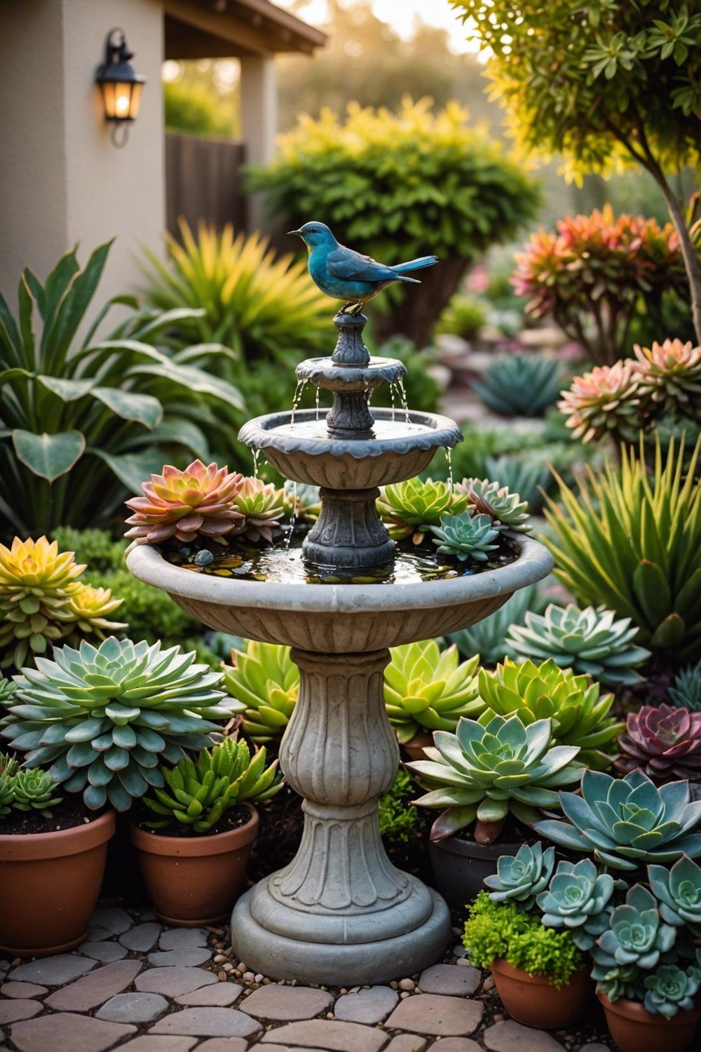 Birdbaths and Fountains Filled with Succulents
