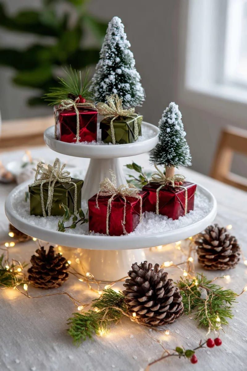21. Tiered Trays Styled With Mini Trees and Lights - photo 3