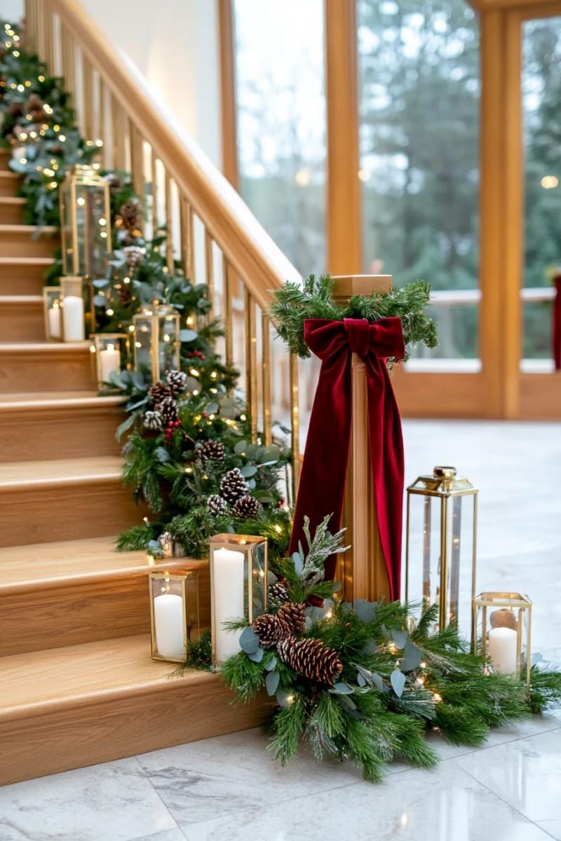 1. Red velvet bows on staircase evergreen garland - photo 2