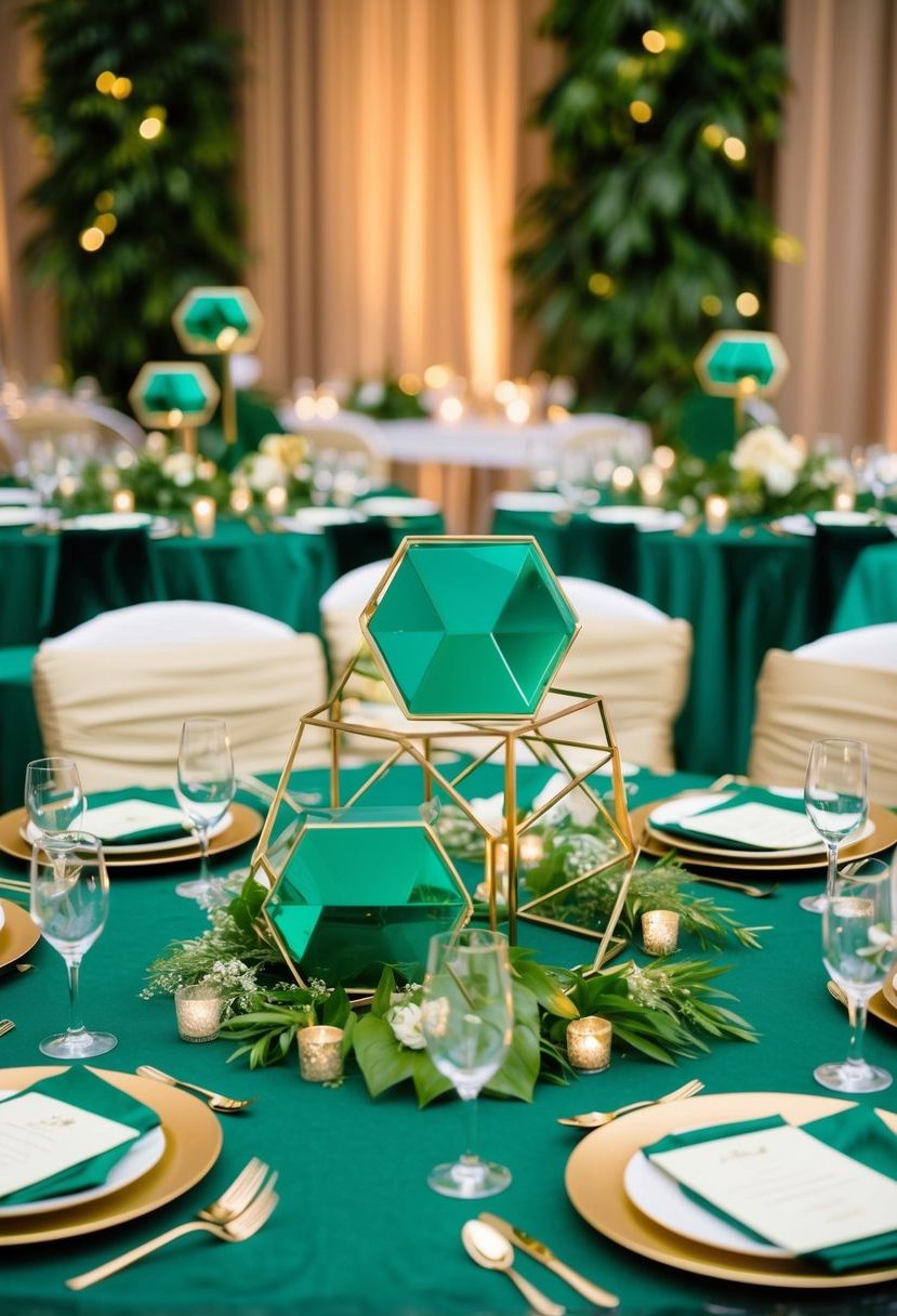 6) Geometric centerpieces in emerald and gold