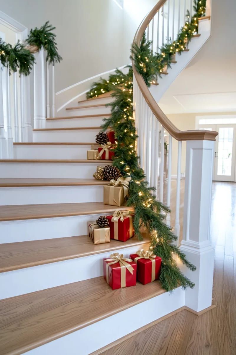 17. Staircase Garland With Gift Boxes and Lights