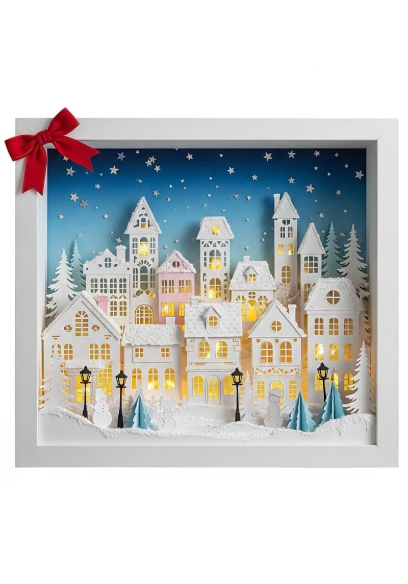 12. Layered cardstock winter village shadow box display